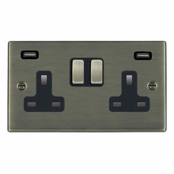 Hamilton Hartland 13A 2 Gang USB Socket with 2 x USB - 4.8A - Antique Brass with Black Inserts  - 79SS2USBULTAB-B, Image 1 of 1