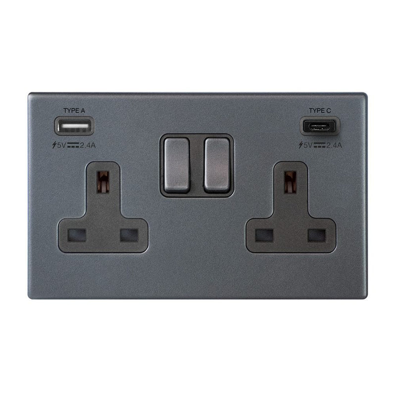 Hamilton Hartland G2 13A 2 Gang Screwless Type A/C USB Socket with 2 x USB - 4.8A - Anthracite Grey  - 7G2ASS2USBCGA-QG, Image 1 of 1