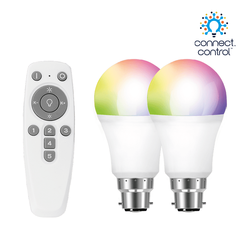 Aurora Bluetooth Smart Kit C/W 2x 8W B22 GLS Dimmable RGBCX LED Lamps and Remote - AU-A1BTGBCWK, Image 1 of 1