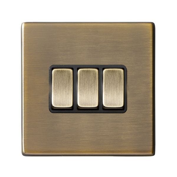 Hamilton Hartland CFX 10A 3 Gang 2 Way Light Switch - Antique Brass with Black Inserts  - 79CR23AB-B, Image 1 of 1