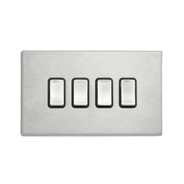 Hamilton Hartland G2 10AX 4 Gang 2 Way Screwless Light Switch - Satin Steel with Black Inserts  - 7G24R24SS-B, Image 1 of 1