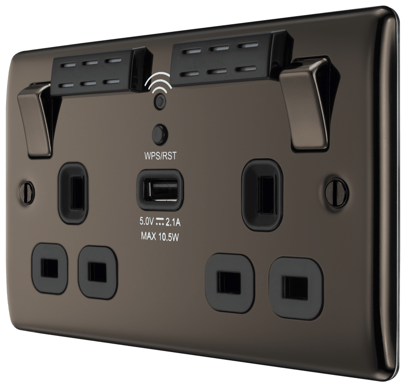 BG Nexus Metal Black Nickel Double Switched 13A Power Socket With Wifi Extender + Usb Charging - 1X Usb Socket (2.1A) - Black In, Image 2 of 3