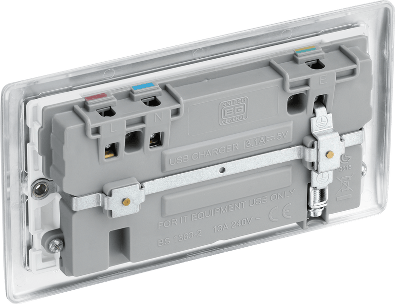 BG Nexus Metal Brushed Steel Double Switched 13A Power Socket With Usb Charging - 2X Usb Sockets (3.1A) - White Insert - NBS22U3, Image 2 of 2
