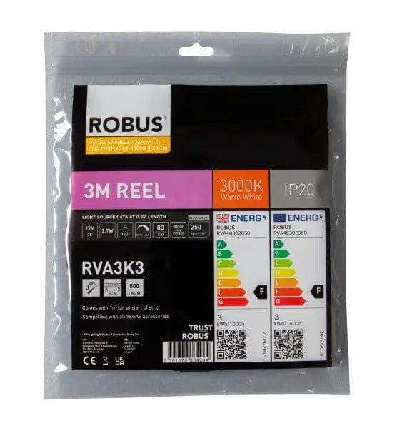 Robus Vegas 4.8W/m 3m LED Striplight IP20, 3000K - RVA3K3, Image 1 of 1