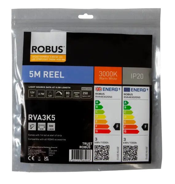 Robus Vegas 4.8W/m 5m LED Striplight IP20, 3000K - RVA3K5, Image 1 of 1