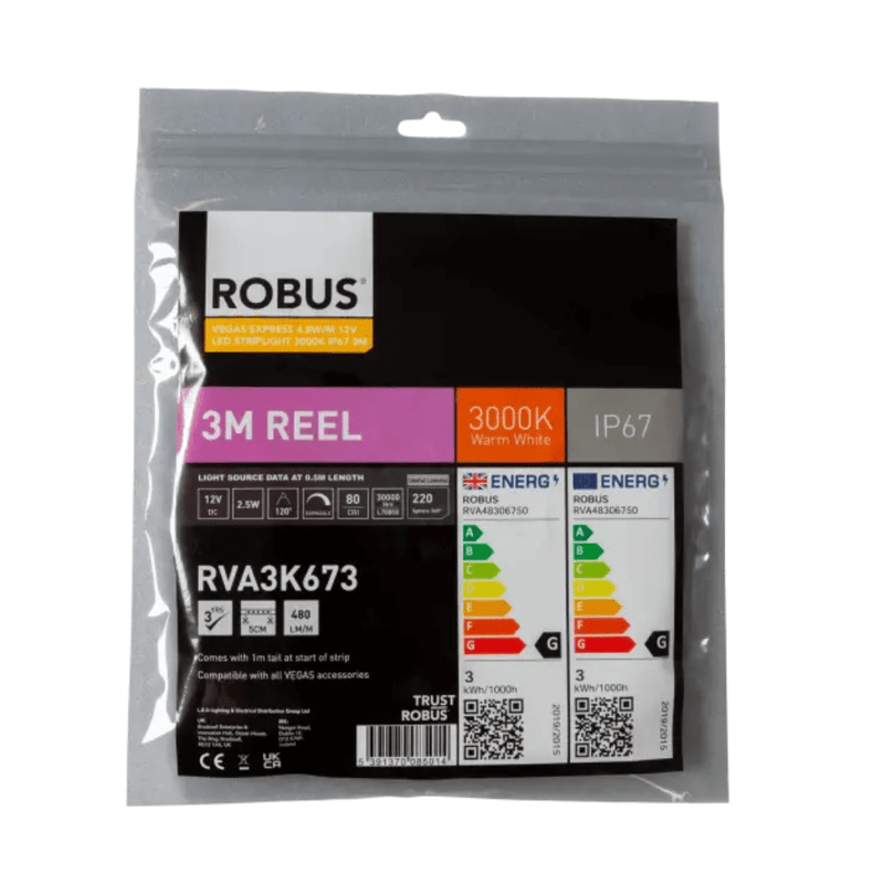 Robus Vegas 4.8W/m 5m LED Striplight IP67, 3000K - RVA3K675, Image 1 of 1