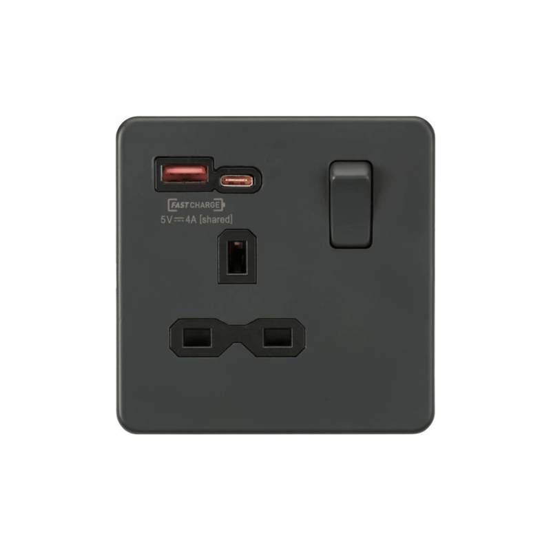 Knightsbridge 13A 1G Switched Socket with dual USB [FASTCHARGE] A+C - Anthracite - SFR9919AT, Image 1 of 1