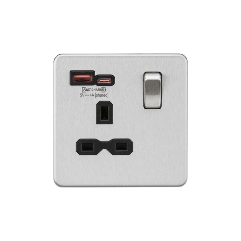 MLA Knightsbridge 13A 1G Switched Socket With Dual USB A+C Brushed Chrome - SFR9919BC, Image 1 of 1