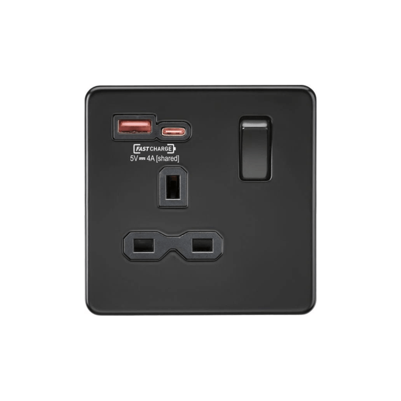 Knightsbridge 13A 1G Switched Socket with dual USB [FASTCHARGE] A+C - Matt Black - SFR9919MBB, Image 1 of 1