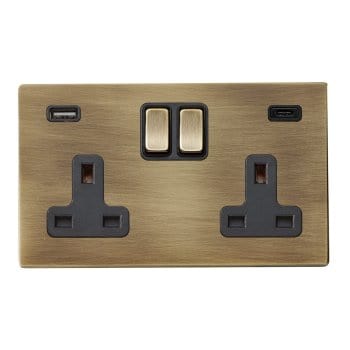 Hamilton Hartland CFX 13A 2 Gang Screwless Type A/C USB Socket 2 x USB - 4.8A - Antique Brass/Black  - 79CSS2USBCAB-B, Image 1 of 1