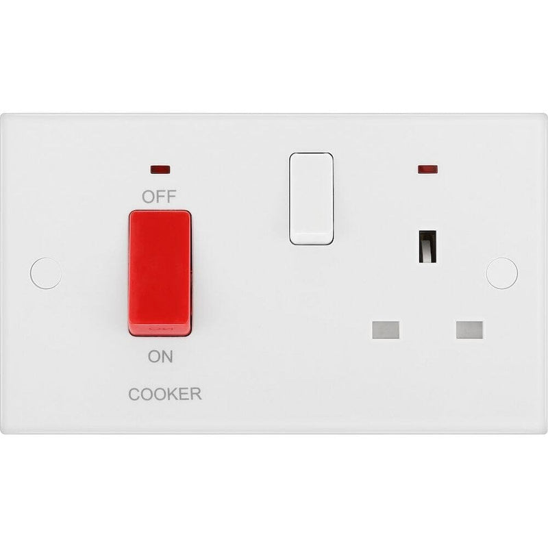 BG 900 Series 45A 2 Gang Square Edge DP Cooker Switch & 13A Switched Socket & Neon - White  - 970W, Image 1 of 1