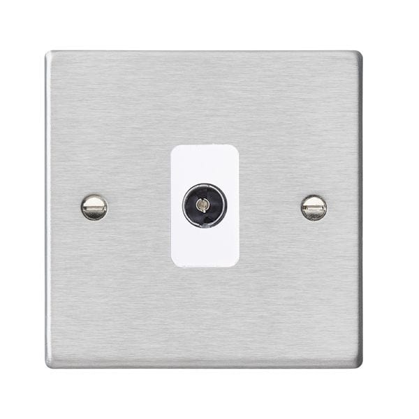 Hamilton Hartland 1 Gang Non Isolated TV 1 In/1 Out Coaxial Socket - Satin Steel with White Insert  - 74TV-W, Image 1 of 1