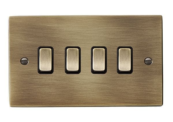 Hamilton Hartland 10A 4 Gang 2 Way Light Switch - Antique Brass with Black Inserts  - 79R24AB-B, Image 1 of 1