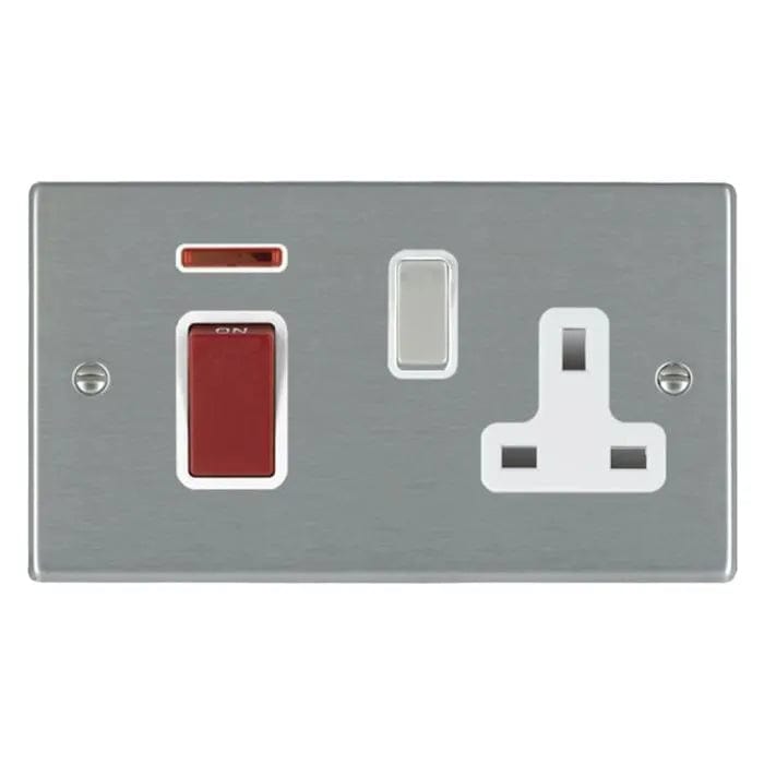 Hamilton Hartland 45A 1 Gang DP Cooker Switch & 13A Switched Socket & Neon - Sat Steel/White Inserts  - 7445SS1SS-W, Image 1 of 1