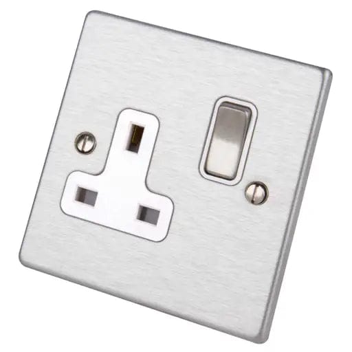 Hamilton Hartland 13A 1 Gang Double Pole Switched Socket - Satin Steel with White Insert  - 74SS1SS-W, Image 1 of 1