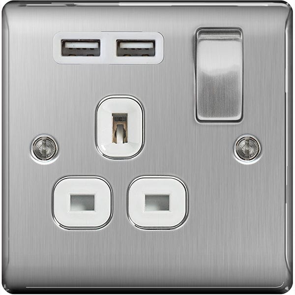 BG Nexus Metal Brushed Steel Single Switched 13A Power Socket With Usb Charging - 2X Usb Sockets (2.1A) - White Insert - NBS21U2, Image 1 of 1