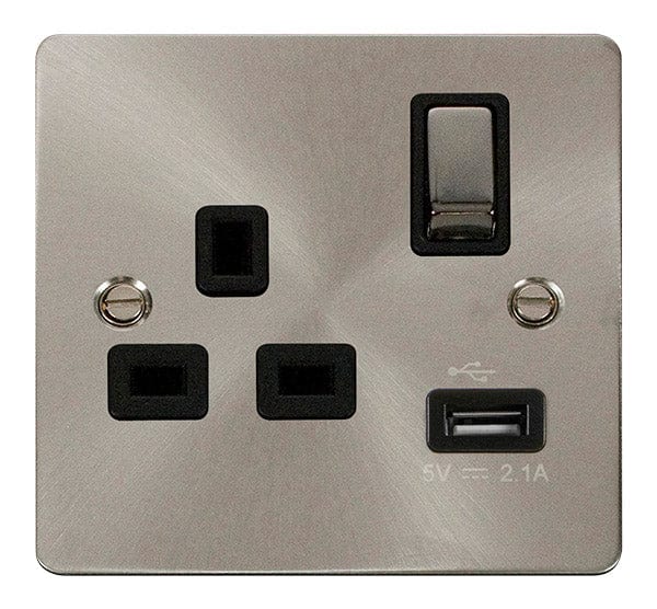 Click Scolmore Define Brushed Steel 1 Gang USB Outlet Switch 13A With Black Ingot Insert - FPBS571BK, Image 1 of 1