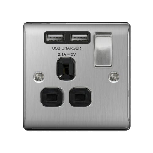 BG Nexus Metal Brushed Steel Single Switched 13A Power Socket With Usb Charging - 2X Usb Sockets (2.1A) - Black Insert - NBS21U2, Image 1 of 1