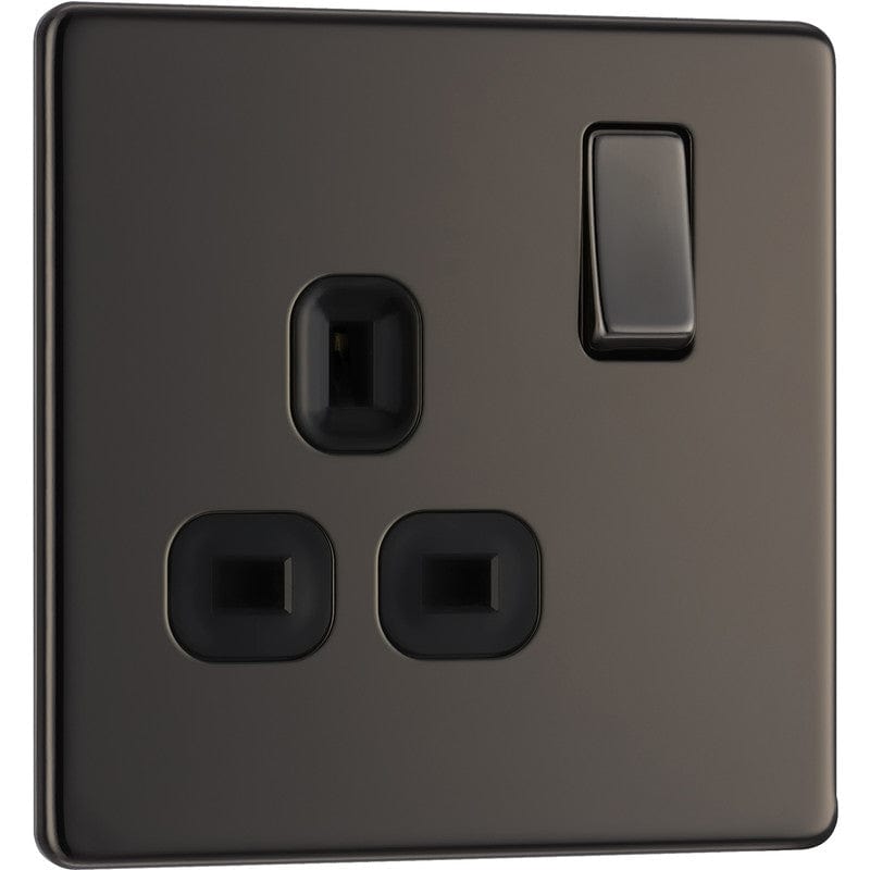 BG Nexus Flatplate Screwless Black Nickel 13A 1 Gang 2-Pole Switched Socket - Grey Insert FBN21G, Image 1 of 1