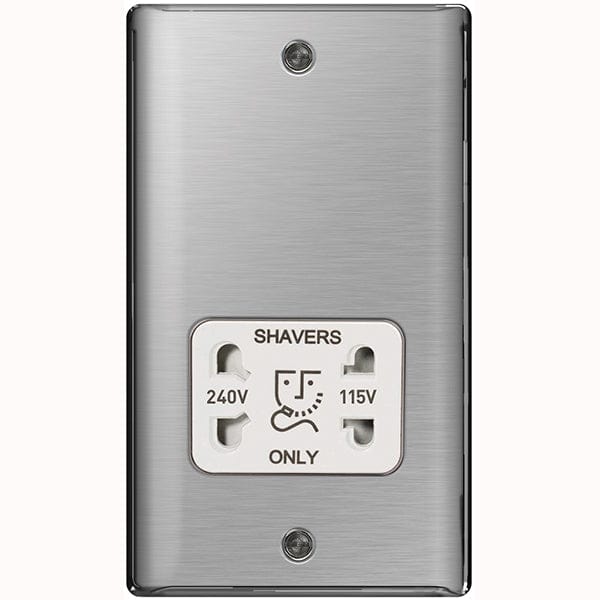 BG Nexus Metal Brushed Steel Dual Voltage Shaver Socket - White Insert - NBS20W, Image 1 of 1