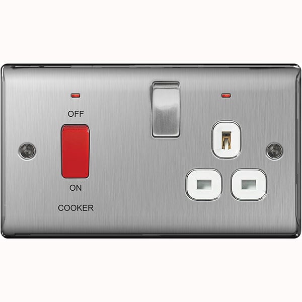 BG Nexus Metal Brushed Steel 45A Cooker Control Unit With Switched 13A Power Socket, Includes Power Indicators - White Insert -, Image 1 of 1