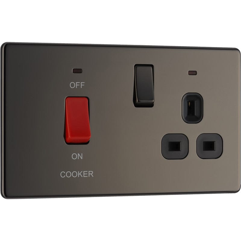 BG Nexus Flatplate Screwless Black Nickel 2 Gang 45A Cooker Switch & 13A Switched Socket With Grey Inserts & Neon - FBN70G, Image 1 of 3