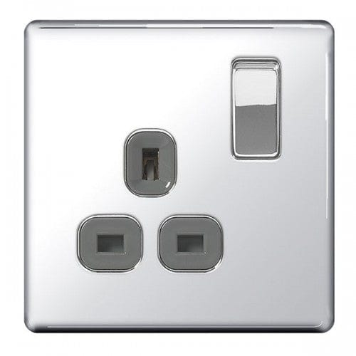 BG Screwless Flatplate Polished Chrome Single Switched 13A Power Socket - Grey Insert - FPC21G, Image 1 of 3