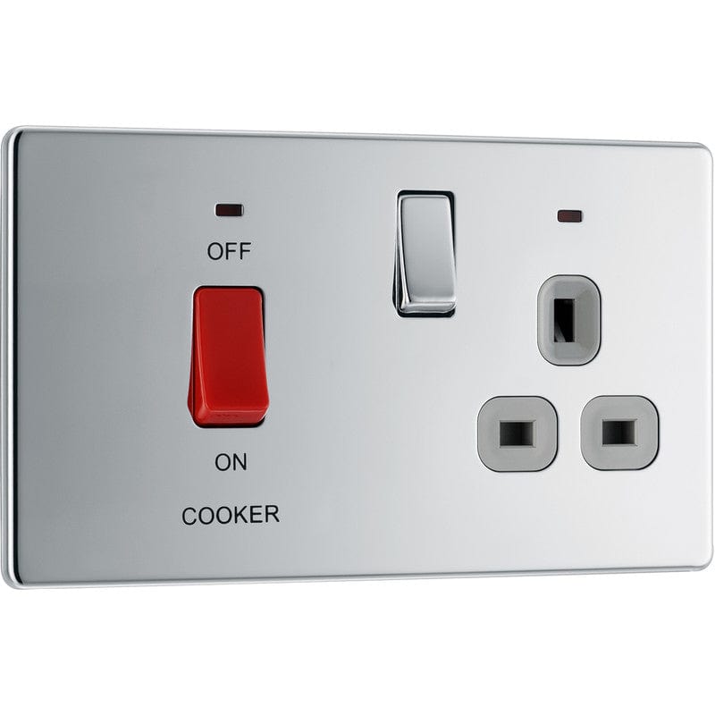 BG Screwless Flatplate Polished Chrome 45A Cooker Control Unit With Switched 13A Power Socket, Includes Power Indicators - Grey, Image 1 of 3