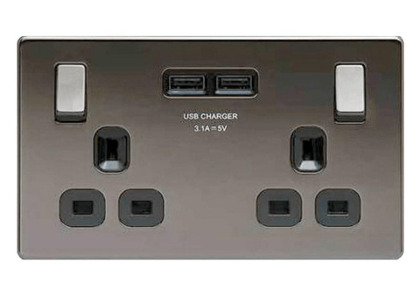 BG Nexus Flatplate Screwless Black Nickel 13A 2-Pole 2 Gang Switched Dual USB (3.1A) Socket - Grey Insert FBN22U3G, Image 1 of 1