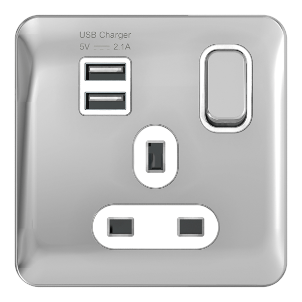 Schneider LSD 1G 13A Single Pole 2 USB White Insert Polished Chrome - GGBL30102USBAWPCS, Image 1 of 1