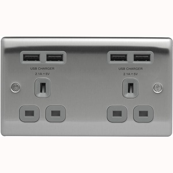 BG Nexus Metal Brushed Steel 2 Gang Plug Socket with 4 x USB Outlets Outlet Grey Insert 13A - NBS24U44G, Image 1 of 1