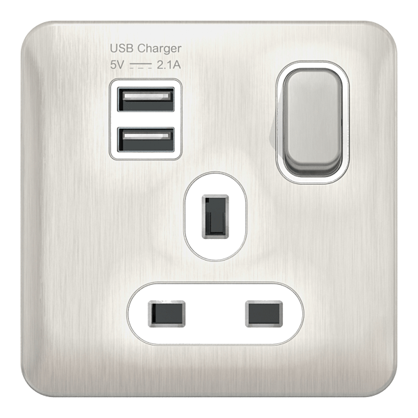 Schneider LSD 1G 13A SP 2x USB White Insert Stainless Steel - GGBL30102USBAWSSS, Image 1 of 1