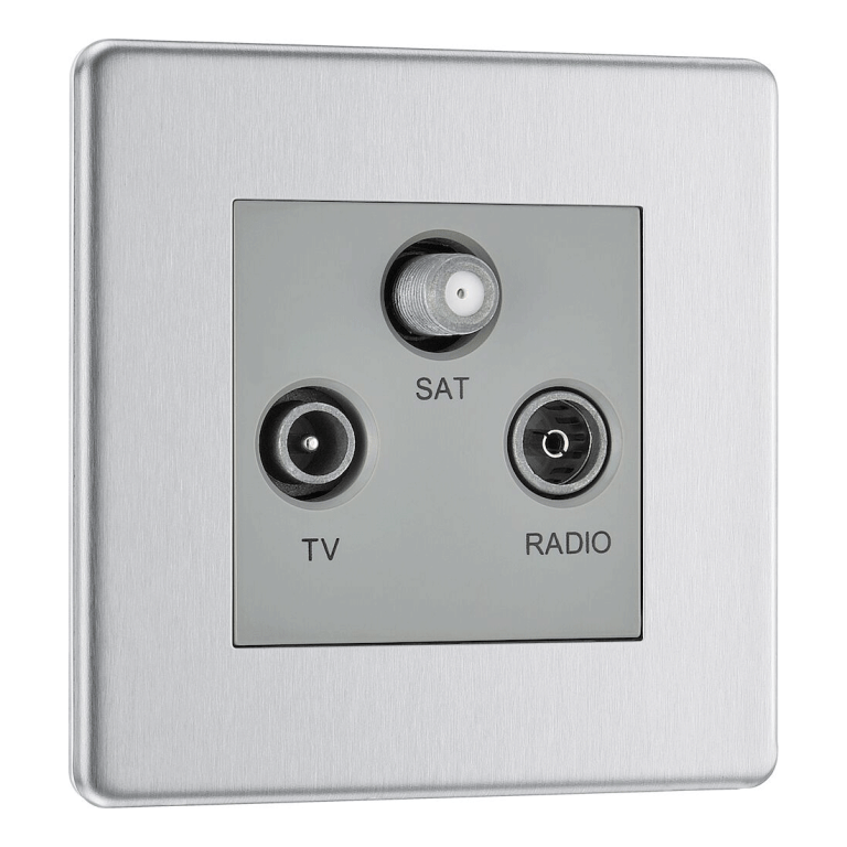 BG Nexus Flatplate Screwless Brushed Steel 3 Gang Triplex TV/FM/Satellite Socket - FBS67, Image 1 of 4